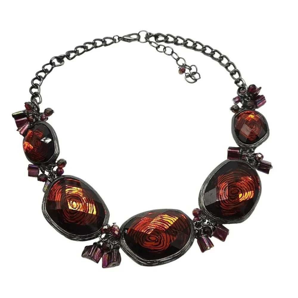 Orange Faceted Acrylic Beaded Bib Necklace Lobster Closure Silver Tone Vintage